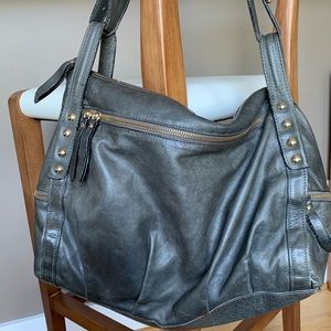Gray leather shoulder bag